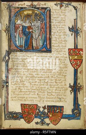 Historisierte Initiale 'E' (dwardus) mit der Krönung des Königs von einem Bischof zu Beginn der Magna Carta; Arme von England, Lancaster und Beauchamp in der Grenzen. Vetera Statuta, einschließlich der Magna Carta, etc., Bd.1, unvollkommen. England; 2. Quartal des 14. Jahrhunderts. Quelle: Harley926, f) 9. Stockfoto