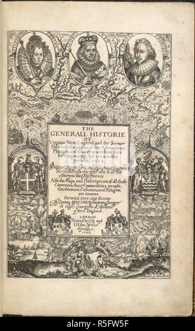 Titel Seite anzeigen Elizabeth I. der Allgemeinen Geschichte von Virginia, New England und t. London, 1624. Titelseite der 'Allgemeinen Geschichte von Virginia, New England und die Summer Isles". Bild von der allgemeinen Geschichte des Virginia, New England und die Summer Isles. Ursprünglich veröffentlicht in London, 1624 produziert. . Quelle: G. 7037, Titelseite. Stockfoto
