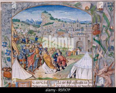 Childebert und Clothaire. Chroniques De France ou de Saint Denis. Frankreich [Paris?]; 1487. [Miniatur nur] Childebert und Clothaire vor Saragossa, Landschaft und mehrere Szenen: Vorauszahlung der französischen Armee; religiöse Prozession in der Stadt; der König fragt ein Bauer; der König in einem Gespräch mit dem Bischof; Bischof und Klerus die Reliquien von St. Vincent. Für Sir Thomas Thwaytes, Schatzmeister von Calais, als Geschenk an König Heinrich VII Bild von Chroniques De France ou de Saint Denis erzeugt wurde. Ursprünglich veröffentlicht in Frankreich [Paris?] produziert; 1487. . Quelle: Royal 20 E.I, f 47. Lang Stockfoto