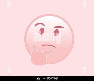 Der isolierte Vektor rosa Nachdenken, Denken oder tief in Gedanken Gesicht mit Zeigefinger auf dem Kinn ruhen Stock Vektor