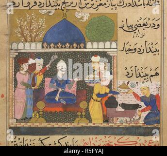 Fleisch, Suppen und Eintöpfe. Die Ni'matnama - ich Nasir al-Din Schah. Ein Manuskript o. 1495 - 1505. Fleisch, Suppen und Eintöpfe für den Sultan Ghiyath al-Din vorbereitet. Suppe und 'las' wird gekocht. Die kleine Inschrift ist 'taghd? iya, "Lebensmittel, Ernährung). Ghiyath Shahi ist in einen Garten Pavillon mit einem großen blauen Kuppel sitzt. Zwei Köche sind in der Nähe der Herd im Vordergrund, ist man Zerkleinern von Fleisch, der andere hat seine Hand auf den Topf Deckel. Das Fleisch, die 'las' (hashed Fleischbrühe) oder 'yakhni" (Suppe) Abschnitt. Opak Aquarell. Sultanat Stil. Bild von der Ni getroffen bin atnama - ich Nasir al-Din Schah. Ein Manuskript auf Ind Stockfoto
