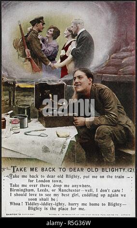 "Nimm mich zurück zu lieben alten Blighty". Eine photographische Postkarte aus dem Ersten Weltkrieg. Ein Soldat an seine Liebste und Eltern. Bamforth's "Songs"-Serie. Bamforth & Co.;Ltd. Satellitenkarte (England) und New York, 1914-1918. Quelle: Pte., 5006/2 (Private Collection). Autor: Bamforth, James. Stockfoto