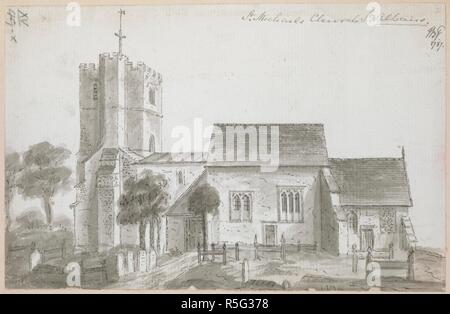 Die Kirche St. Michael, St. Albans; Grabsteine im Vordergrund; Bäume vor und nach links. St Michael's Church St Albans. 1787. Feder und Tinte schwarz mit monochromen waschen. Quelle: Karten K. Top. 15.49. x. Autor: Baskerfield, Thomas. Stockfoto