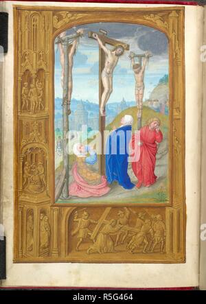 Die Kreuzigung. Buch der Stunden. S. Niederlande [Brügge]; ca. 1510 bis 1520. [Ganze folio] Stunden des Heiligen Kreuzes. Drei Kreuze, mit Christus in der Mitte, und die Jungfrau, Maria Magdalena, und Joseph von Arimathäa, in eine Landschaft mit einem ummauerten Stadt in der Ferne. Grenzen mit grisaille Szenen der Passion, einschließlich der Geißelung und Verhöhnung von Christus, und am Fuß, das Kreuz Christi Bild aus dem Buch von Stunden genommen. Ursprünglich veröffentlichte/in S. Niederlande [Brügge] hergestellt; ca. 1510 bis 1520. . Quelle: Hinzufügen. 35314, f 8 v. Sprache: Latein. Stockfoto