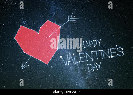 Happy Valentine's Day. Grußkarte mit roten Herzen und Schrift auf schwarzem Hintergrund Stockfoto