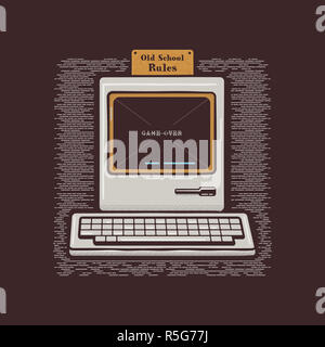 Alte Computer. Retro PC-Symbol Emblem mit der alten Schule Regeln zitieren. Lieferbar flache Abbildung auf dunklem Hintergrund isoliert Stockfoto