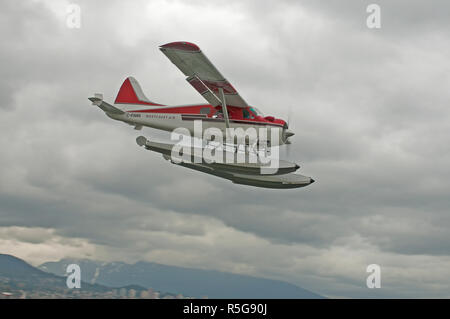 Eine de Havilland DHC 2 Beaver Wasserflugzeug, seine Annäherung an die Wasserstraßen von Vancouver city Hafen in BC Kanada. Stockfoto