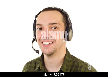 Junger Mann mit Headset auf weißem Hintergrund Stockfoto