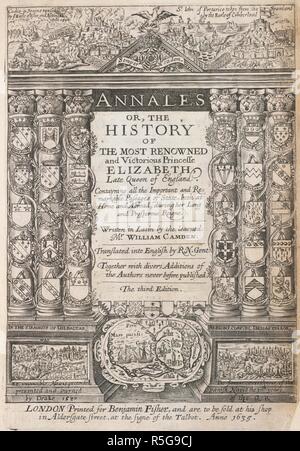 Siegreiche Szenen. Die Historie der renommiertesten und siegreichen s. Thomas Harper für Benjamin Fisher: London, 1635. Bildseite mit Szenen der Sieg über die spanischen Truppen während der Regierungszeit von Elizabeth I. Bild aus der Historie der renommiertesten und siegreichen Princesse Elizabeth genommen, Ende Queene von England aus weg von Annalen [von W. Camden] usw. [Adresse des Übersetzers unterzeichnet: R.N., d. h. R. Norton. Mit einem Portrait.]]. Ursprünglich veröffentlichte/in Thomas Harper für Benjamin Fisher: London, 1635 produziert. . Quelle: 595 m.9, Titelseite. Sprache: Englisch. Stockfoto