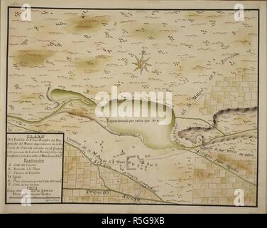 Plano del Presidio de S. Juan Bautista del Rio Grande. Gegründet im Jahre 1700 und auf eine strategische Lage in der Nähe einer Reihe von Kreuzungen am westlichen Ufer des Rio Grande, Mission San Juan Bautista entfernt ist oft die Mutter des Texas Missionen bezeichnet. . 21 farbige Karten und Pläne von Städten und verschiedenen Siedlungen im Norden von Mexiko mit ihrer Umgebung; alle bis auf Eine, in den provincias Internas gelegen. Von Joseph de Reino de. Papier, 18 Cent. Folio. Ca. 1768. Quelle: Hinzufügen. 17662 q 17. Stockfoto