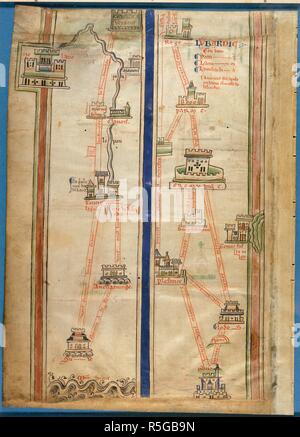 Teil der Rundfahrt von London nach Jerusalem, einschließlich Lombardei, Parma, Cremona. Historia Anglorum. England (St. Albans), 1250-1259. Quelle: Royal 14 C VII, w.3 v. Sprache: Französisch. Thema: Paris, Matthew. Stockfoto