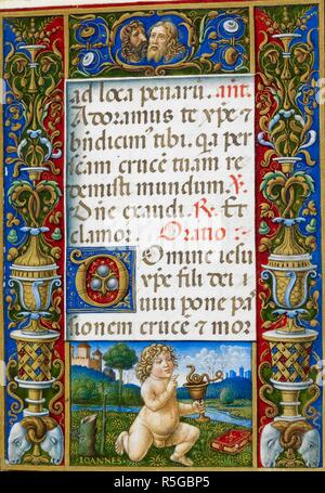 Text Seite von Stunden des Kreuzes mit verzierten Rand zeigt St. John dargestellt als ein putto. Sforza Stunden. Mailand, ca. 1490; Flämische Insertionen, 1517-1520. Quelle: Hinzufügen. 34294, f 18. Sprache: Latein. Autor: Birago, Giovan Pietro. Stockfoto