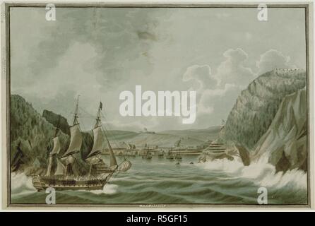 Ein Segelschiff bei der Einfahrt in den Hafen von St. John in Neufundland aus dem Osten gesehen, mit Fort Amherst auf der Linken, Wellen gegen die Klippen des Signal Hill auf der rechten und der Stadt St. John's im Hintergrund zu brechen. Die VERENGT. 1798. Quelle: Karten K. Top. 122.30. b. Sprache: Englisch. Stockfoto