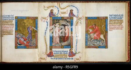 David Enthauptung Goliath mit einem Schwert; Christus, der Abstieg in die Vorhölle (Anastasis); Simson tötet den Löwen. Biblia Pauperum. c 1395-1400. Ein Bild Bibel einschließlich einer Serie von Bildern des Lebens Christi mit dem Alten Testament Vorzeichen, mit drei Miniaturen auf jedem Recto. Jede Miniatur des christologischen Zyklus wird durch Büste begleitet - Länge Porträts der Apostel und Propheten, Schriftrollen und entspricht der typologischen Miniaturen. Quelle: Könige 5 f 21. Sprache: Latein. Stockfoto