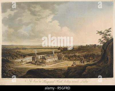 Eine Ansicht von Hampstead Heath in Richtung London suchen; Gras und Bäume sich bis an den Horizont; ein Häuschen in der Mitte Masse; Kühe auf der rechten Seite der Szene; St. Paul's Cathedral in der Ferne. Ein Blick in Hampstead Heath suchen in Richtung London. London: Veröffentlichte Novr 30 1804 durch F. Jukes Nr. 10 Howland Street. Am 30. November 1804. Aquatinta und Ätzen mit hand-Färbung. Quelle: Karten K. Top. 29.13. d. Sprache: Englisch. Autor: Sarjent. Stockfoto