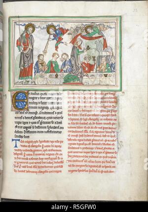 Die Hochzeit des Lammes [Offenbarung 19, 8-9]; text Anfang dekoriert mit ersten 'E'. Die Apokalypse, in Lateinamerika, mit der Überschrift "Incipit textus uisionis Prime apocalipsis Beati 26,13 Apostoli'; mit einem Kommentar, beg. "Tempus uideliect itidicii.". England, Ende des 13. Jahrhunderts. Quelle: Hinzufügen. 35166, f 23. Sprache: Latein. Stockfoto