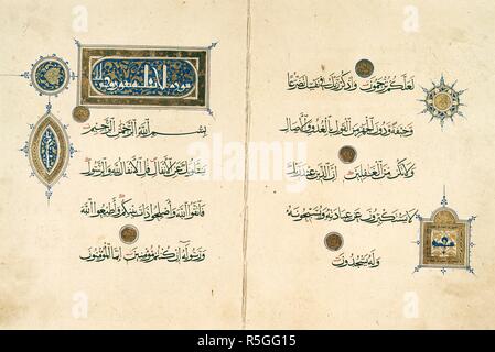 Reich verzierten Koran Textseiten im rayhani Skript geschrieben. Qur'an von Faraj ibn Barquq. Kairo, 14. Reich verzierten Koran Textseiten im rayhani Skript geschrieben. Bild entnommen aus dem Qur'an von Faraj ibn Barquq. Ursprünglich veröffentlicht in Kairo, 14. . Quelle: Oder. 848, f. 26v-27. Sprache: Arabisch. Stockfoto