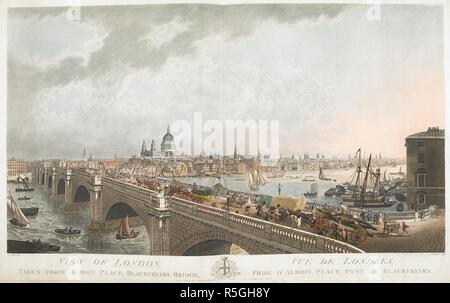 Blick auf die London, von Albion Place, Blackfryars Brücke' genommen. Ein Blick auf die London über die Themse vom Albion Place, mit Blackfriars Bridge im Vordergrund und St. Paul's in der Ferne; zahlreiche Wagen, Pferden und Menschen kann man die Brücke überqueren, darunter ein Omnibus auf sechs Rädern und eine Karre ziehen einen Baumstamm. London: Veröffentlichen "2. Mai 1802, durch den Inhaber, N.R. Schwarz, des Graveurs Nr. 15, Villiers Street, Strang, [2 Mai 1802]. Quelle: Karten K. Top. 21.61.2. Sprache: Englisch. Stockfoto