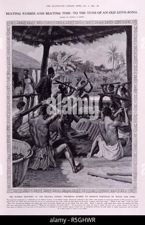 "Schlagen von Gummi und schlagen die Zeit bis zur Höhe von einer alten Liebe - Singen". "Die Gummiindustrie im belgischen Kongo: Thumping Gummi zu Teilchen von Holz und Fasern zu entfernen. Die Illustrated London News. London, 2. Oktober 1905. Quelle: Colindale, 465. Sprache: Englisch. Autor: Hardy, Norman H. Stockfoto