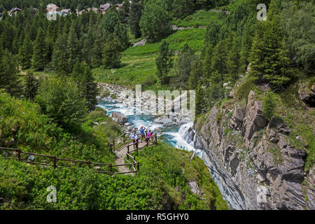 In der Nähe von Cogne, Valle d'Aosta, Italien. Parco Nazionale del Gran Paradiso (Nationalpark Gran Paradiso). Besucher Anzeigen des Torrente Grand Eyvia. Stockfoto