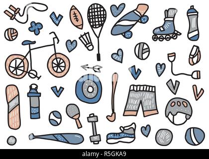 Sport activitiescollection. Satz von gesunden Lebensstil Tools, Symbole der doodle Stil auf weißem Hintergrund. Fitness vektor Konzept. Stock Vektor