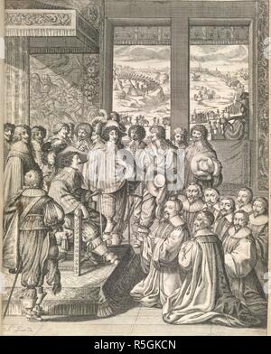 Louis XIII. Eloges et Discours [T.B.] sur la triom Machaud. Paris, 1629. Louis XIII mit einem Publikum. Bild aus Eloges et genommen Discours [T.B. Machaud] sur la triomphante Rezeption du Roy [Louis XIII] en sa Ville de Paris apres la Reduzierung de la Rochelle: accompagnez des Figuren, tant Les Arcs de Triomphe, que les autres preparatifs. (La Rochelle aux pieds du Roy.) [mit Platten.].. Ursprünglich veröffentlicht in Paris, 1629 produziert. . Quelle: 143. w.3, gegenüber 4. Sprache: Französisch. Stockfoto