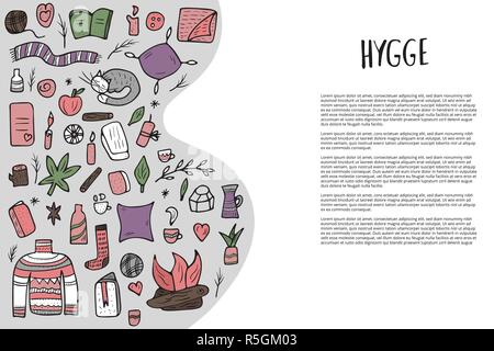 Banner Vorlage mit hygge Dinge. Vektor isoliert Symbole der Komfort in doodle Stil. Hintergrund der warme Kleidung und gemütlichen Elemente und leeren Raum f Stock Vektor
