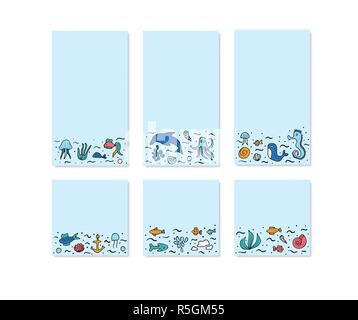 Satz von Social Media Banner Vorlagen mit Meer Symbole in doodle Stil. Sammlung von Hintergrundbildern für Beiträge und Geschichten mit Unterwasser Zeichen und Stock Vektor