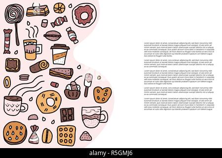 Vektor banner Vorlage von Desserts. Süßigkeiten Kuchen, Donuts, Süßigkeiten und andere Snacks in doodle Stil auf weißem Hintergrund. Stock Vektor