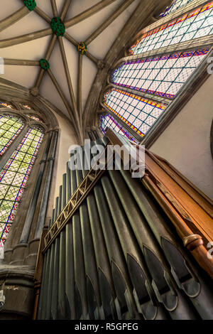 Kirche Orgelpfeifen in der Kapelle des Bishop's Palace in Wells, Somerset, England. Stockfoto