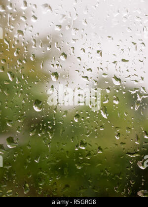 Regen fällt auf Glas Tür zum Garten Stockfoto