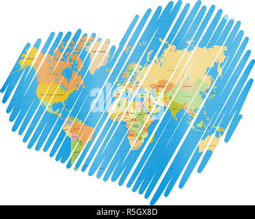 Gefütterte Herz-Weltkarte Stockfoto