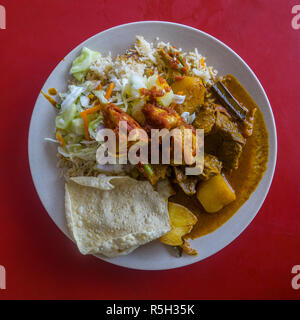 Authentische indische Speisen aus Familie Street Restaurant in Malaysia. Isolierte Platte auf roten Hintergrund. Lecker Stockfoto