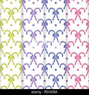 Satz von 4 Frohes neues Jahr 2019 und Weihnachten nahtlose Muster. Vector Illustration mit Zuckerstangen und Bögen. Design für die Verpackung, Stoff, drucken. Stock Vektor