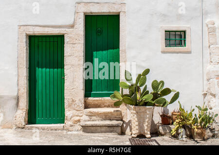 Weiße Haus Wand Fassade, grüne Tür und Fensterläden Stockfoto