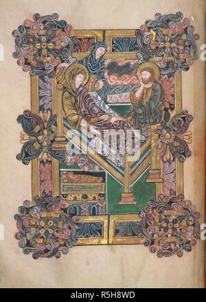 Die Krippe. Benedictional St. Aethelwold. Winchester; 971-984. (Ganze folio) Vorwort zur ersten Segen für Weihnachten, die Geburt Christi. Die Jungfrau ist liegend auf einem geneigten Bett, mit Joseph am Fuß sitzt. Ungewöhnliche Details gehören die Krippe, die auf der rechten Seitenbereich des Bett gezeigt wird, das Kissen unter Christus den Kopf und die Hebamme Anordnen der Kissen unter den Kopf der Jungfrau. Die Szene wird durch einen Rahmen von 'Winchester' Akanthus, mit runden Chefs an den Ecken Bild aus Benedictional St. Aethelwold genommen umgeben. Ursprünglich veröffentlicht in Winchester produziert; 971-984. . Quelle: A Stockfoto