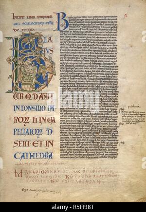 Erste 'B' (eatus) mit David spielt die Harfe, und Drachen in Laub verflochten sind, am Anfang der Psalmen Historisierende. Buch der Psalmen, mit marginalen Glanz. Frankreich, Central (Chartres?); 2. Hälfte des 12. Jahrhunderts. Quelle: Harley 4804 Bd. 1, 4. Sprache: Latein. Stockfoto