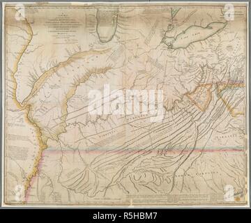Eine Karte der westlichen Teile von Virginia, Pennsylvania, Maryland und North Carolina. Eine neue Karte der westlichen Teile von Virginia, Pennsylvania, Maryland und Nord-carolina; Verstehen der Fluss Ohio und alle Flüsse, die sich in ihn fallen; Teil des Flusses Mississippi, das Ganze von der Illinois River, LAKE ERIE, Teil der Seen Huron, Michigan &c. Und das Ganze LAND AUF DIESEN SEEN UND FLÜSSEN grenzt. London: Nach dem Gesetz des Parlaments Novembr. Ihr 1 1778 von T.Hutchins, [1778.] veröffentlicht. Beigetreten und auf Leinen, Kupferstich mit original Hand Farbe. Quelle: Karten K. Top. Stockfoto