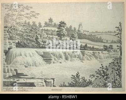 Zahlen Angeln im Vordergrund; ein Wasserfall in der Mitte der Szene, Bäume und Felder in der Mitte; eine Windmühle und Häuser in der Ferne. Wasserfall auf dem Fluss Swale Richmond Yorkshire. c. 1770-1800. Quelle: Karten K. Top. 44,45. o. Sprache: Englisch. Thema: Buck. Stockfoto