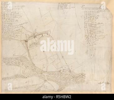 Galway. Drei Pläne der Stadt Galway, erzeige. Ca. 1700-1750. Ein Plan der Stadt Galway. Bild aus drei Pläne der Stadt Galway genommen, Regelungen für die vorgeschlagene neue Befestigungsanlagen; in Feder und Tusche gezeichnet, von Anthony Blake, auf einer Skala von 10 Sitzstangen zu einem Zoll... Ursprünglich publiziert/Produzierte in Ca. 1700-1750. . Quelle: Maps.K.. 53.38. Ein. Stockfoto