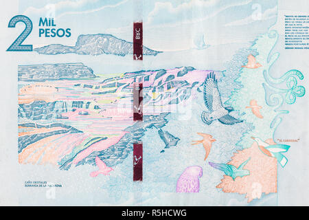 Der Fluss der fünf Farben auf der zweitausend kolumbianische Pesos Rechnung Stockfoto