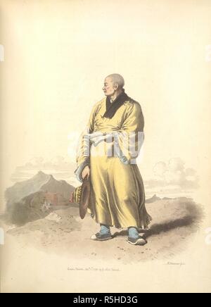 Porträt eines Lama oder Bonze. Das Kostüm von China. Dargestellt in 48 C. William Miller: London, 1805. Diese Zahl wird als einer der Lamas bewohnen einen Tempel namens Poo-ta-la, in der Nähe der kaiserlichen Residenz in Zhe-fei in Tartary beschrieben. Der Priester ist gekleidet in die königliche Farbe, gelb, und hält eine breite Krempe Hut aus Stroh und Bambus. Bild aus dem Kostüm von China übernommen. Dargestellt in 48 farbigen Holzschnitten. Ursprünglich veröffentlicht in William Miller: London, 1805 produziert. . Quelle: 455. e.9, Plate 13. Sprache: Englisch. Stockfoto