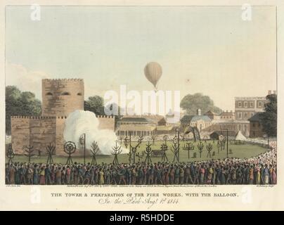 James Sadler, ein Aufstieg in einem Ballon für die Eröffnung der großen Jubiläumsfeier am 1. August 1814. Eine historische Erinnerung, die die verschiedenen. Edward Orme: London, 1814. Der Turm & Vorbereitung der Feuer funktioniert, mit dem Ballon". Herr Sadler's Ballon aufstieg, zu Beginn der Festlichkeiten. Bild von einem historischen Memento getroffen, die die verschiedenen Szenen der öffentlichen Jubel, fand der erste von August in der St. James's und des Hyde Parks, London, in der Feier der glorreichen Frieden von 1814 und der 100. Jahrestag des Beitritts der berühmten Haus der Bru Stockfoto