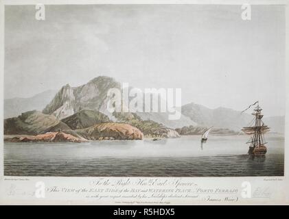 Dieser Blick auf die Ostseite der Bucht und Tränke, Porto Ferrajo: Rechts Hon. ble Earl Spencer diese Ansicht [...] ist mit großem Respekt Eingetragen von Seiner Herrschaft gehorsamen Diener James Weir. /Gezeichnet von Capt n James Weir; Gestochen von F. Jukes. Zwei Schiffe und ein Ruderboot aus dem Meer in der Nähe der Küste der Insel Elba gesehen, mit den Bergen im Hintergrund. . Vier Ansichten von Porto Ferrajo auf der Insel Elba, die von Captain James Weir; von Jukes eingraviert. London: Pub. d von F. Jukes Howland Street Fitzroy Square, 1. Januar 1799. 1 Drucken: Hand-farbigen Aquatinta und Ätzen; Blatt 27. Stockfoto