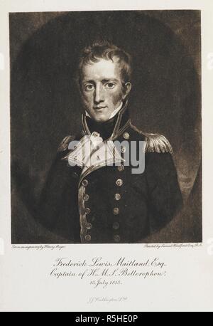 "Frederick Lewis Maitland. Esq. Kapitän der H.M.S. Bellerophon. 15. Juli 1815. Von einem Stich von Henry Meyer. Von Samuel Woodford esq gemalt. R.A. die Kapitulation von Napoleon: die Erzählung von der Überlassung von Bonaparte und seiner Residenz an Bord der H.M.S. Bellerophon... Eine neue Ausgabe. Mit einer Abhandlung des Autors von W. K. Dickson bearbeitet werden. Edinburgh; London: William Blackwood & Söhne, 1904. Quelle: 09077.h.24 Frontispiz. Autor: MEYER, Henry. Maitland, Frederick Lewis, Sir, K. C.B. Stockfoto