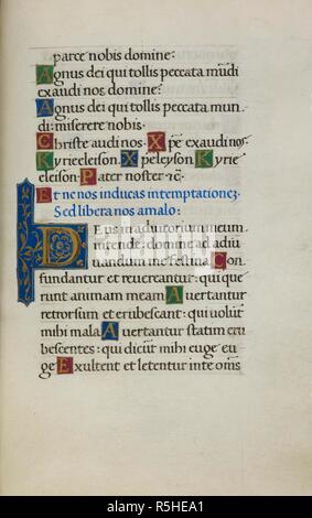 Text Seite mit ersten'. Mirandola Stunden. Italien, ca. 1490-1499. [Ganze folio] Text Seite aus der Litanei, dekoriert mit anfänglichen 'D'; Petitionen Bild von Mirandola Stunden genommen. Ursprünglich veröffentlicht in Italien produziert, ca. 1490-1499. . Quelle: Hinzufügen. 50002, w.75. Sprache: Latein. Stockfoto