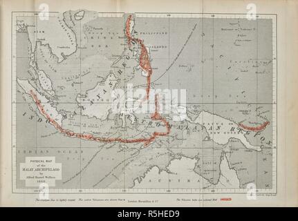 Physische Karte der Malaiischen Archipel von Alfred Russel Wallace, 1868. Die Malaiischen Archipel, etc. London: Macmillan & Co., 1890. Quelle: 2354. a.1 gegenüberliegenden Seite 8. Stockfoto