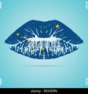 Alaska Flagge Lippenstift auf den Lippen isoliert auf einem weißen Hintergrund. Vector Illustration. Stock Vektor