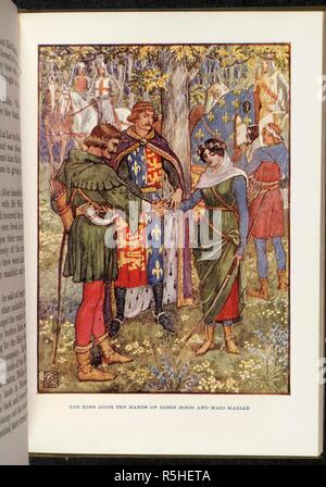 Robin Hood und Maid Marian. Robin Hood und seine fröhliche Männer... Mit 8 illustrati. 1915. Der König tritt in die Hände von Robin Hood und Maid Marian. Bild von Robin Hood und seine fröhliche Männer mit 8 Abbildungen in Farbe von Walter Crane. Ursprünglich veröffentlichte/1915 produziert. . Quelle: 2700032 h.1/3, gegenüber 120. Sprache: Englisch. Stockfoto