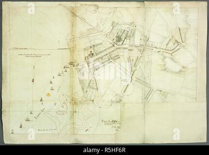 Ein Plan von Belfast. Eine farbige' Grundriss von Belfast, und die Nachfolger für eine errecting cittadel auf die Litze, pro Tho. Phillips, anno 1685, 'tue auch eine Regelung für neue und umfangreiche Befestigungsanlagen rund um die gesamte Stadt; auf einer Skala von 155 Meter zu einem Zoll gezeichnet. Anno 1685. Quelle: Karten K. Top. 51,37. Sprache: Englisch. Stockfoto